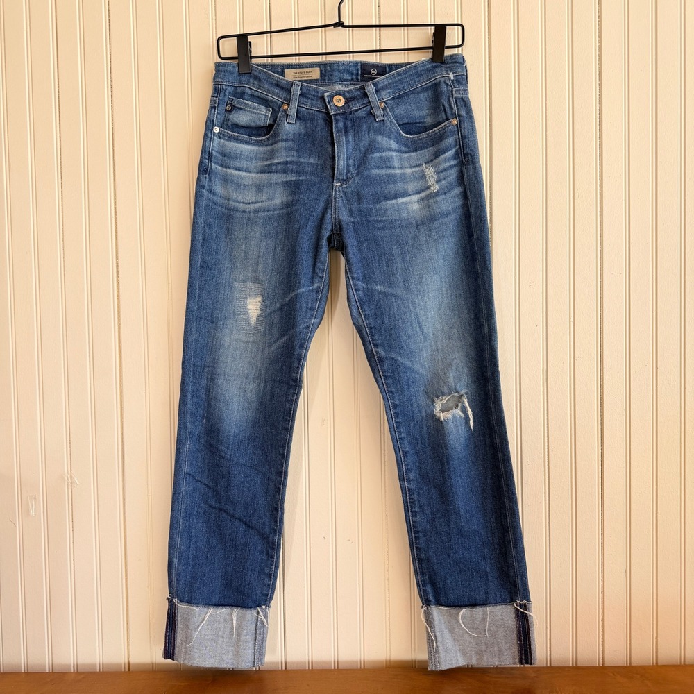 AG Adriano Goldschmied The Stevie Cuff Slim Straight Distressed Jeans Blue 27